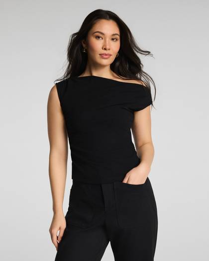 SPANX® Ribbed Knit Ruched Off-The-Shoulder Top | Classic Black - Black