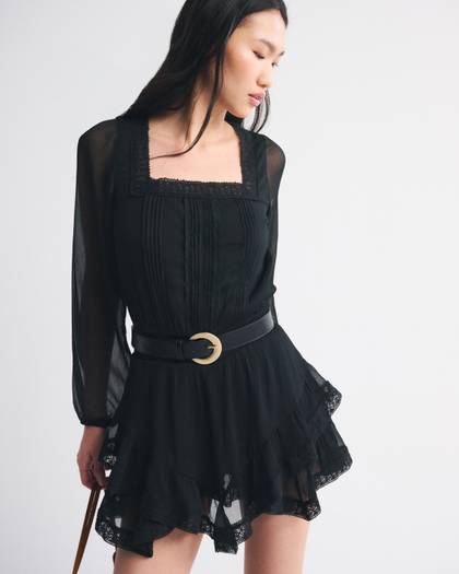 Long-Sleeve Squareneck Tiered Skort