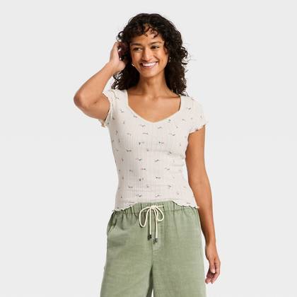 Women's Slim Fit Short Sleeve Pointelle Sweetheart Neck T-Shirt - Universal Thread™ Cream Floral XS