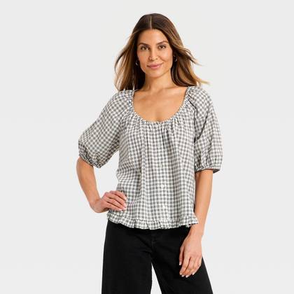 Women's Puff Short Sleeve Button-Up Peasant Top - Universal Thread™ Gray Plaid XS