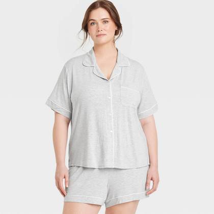 Women's Cloud Knit Modal Short Sleeve Notch Collar Top and Shorts Pajama Set - Auden™ Heathered Gray 1X: Modal-Spandex Blend