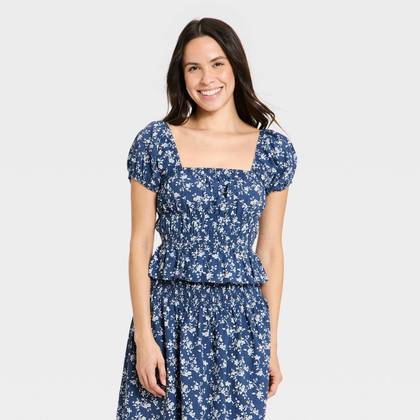Women's Short Sleeve Printed Blouse - Universal Thread™ Blue Floral XS
