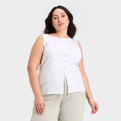 Women's Slim Fit Modern Ribbed Button-Front Tank Top - A New Day™ White 2X