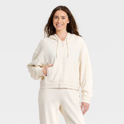 Women's French Terry Full Zip Hoodie Sweatshirt - JoyLab™ Cream XXS