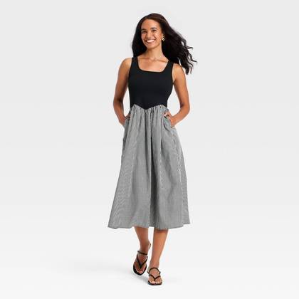 Women's Pullover Knit to Woven Midi Dress - A New Day™ Black/White Gingham S