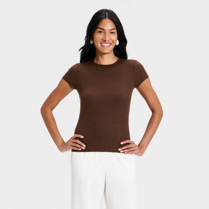 Women's Modern Ribbed T-Shirt - A New Day™ Brown S