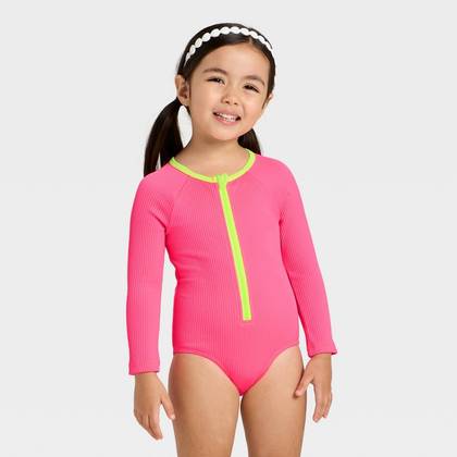 Infant Girls' Long Sleeve One Piece Ribbed Rash Guard Swimsuit - Cat & Jack™ Bright Pink 12M