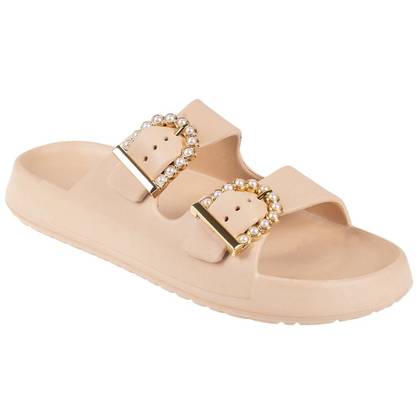 FOAMWALK Womens' Sandals - Comfortable Double Buckle Beach Slides, Everyday Women's Slide Sandals, Tan, 7-8