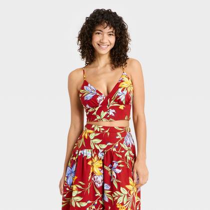 Women's Luxe Linen Corset Top - A New Day™ Red Floral M