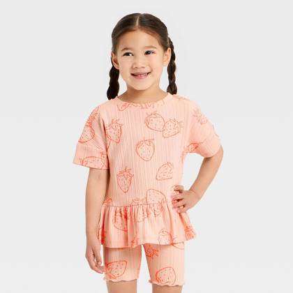 Toddler Girls' Strawberries Pointelle Peplum T-Shirt - Cat & Jack™ Pink 12M