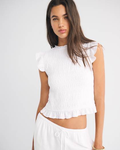 Linen-Blend Tie-Back Smocked Top