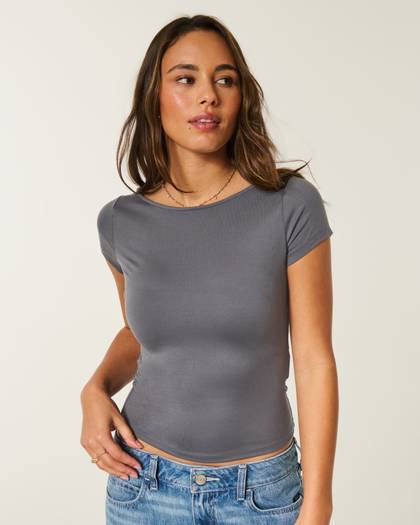 Short-Sleeve Soft Seamless Fabric Slash-Neck T-Shirt