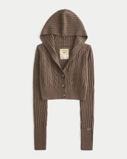 Shrunken Cable-Knit Hoodie Cardigan