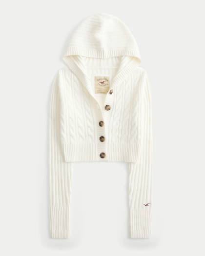 Shrunken Cable-Knit Hoodie Cardigan