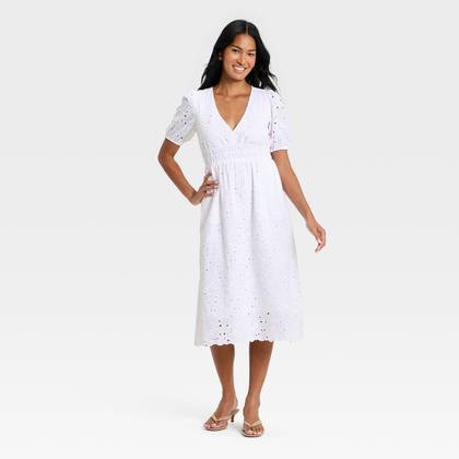 Women's Puff Elbow Sleeve Eyelet Midi Empire Waist Dress - A New Day™ White XL