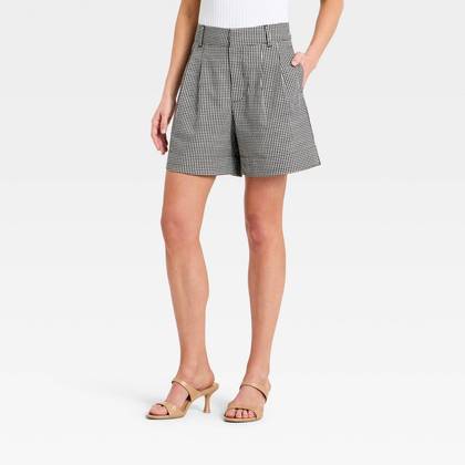 Women's Twill Pleated Shorts 5" - A New Day™ Black Gingham 0