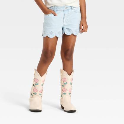 Girls' Mid-Rise Scallop-Hem Embroidered Jean Shorts - Cat & Jack™ Light Wash XS