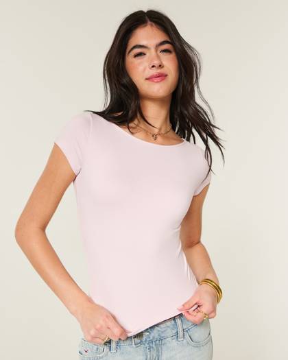 Short-Sleeve Smooth Seamless Fabric Slash-Neck T-Shirt