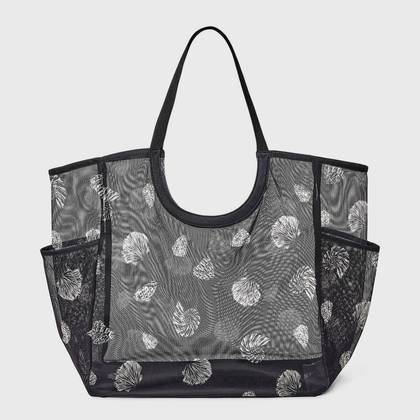 Packable Cut Out Mesh Tote SeaShell Handbag - Shade & Shore™ Black/White