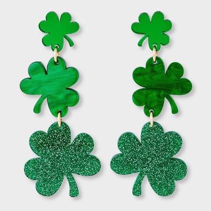 St Patrick's Day Mirrored Shamrock Post Drop Earring - Green