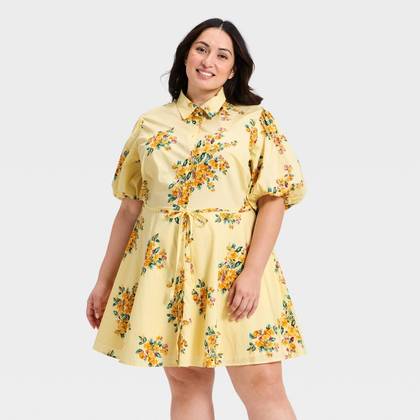 Women's Puff Sleeve Mini Shirtdress - A New Day™ Yellow Floral 4X