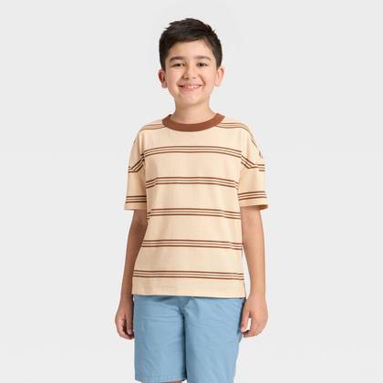 Boys' Short Sleeve Striped Oversized T-Shirt - Cat & Jack™ Beige/White XS