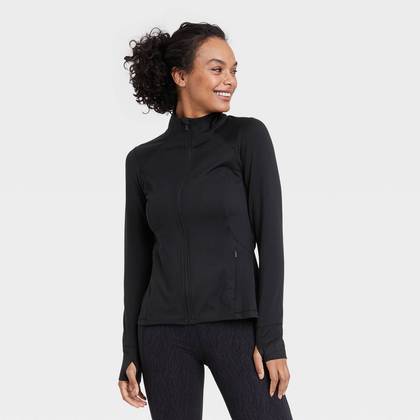Women's Full Zip Jacket - All In Motion™ Black XS: Recycled Polyester, Spandex, UPF 50+, Side Pockets