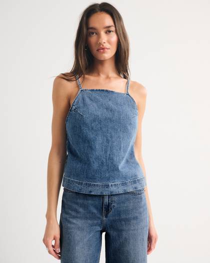 Bra-Free Linen-Blend Denim Tie-Back Cami