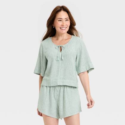 Women's Bell Elbow Sleeve Keyhole Peasant Top - Universal Thread™ Green Striped XS