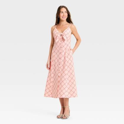 Women's Sleeveless Bow-Front Midi A-Line Dress - A New Day™ Pink Plaid XS
