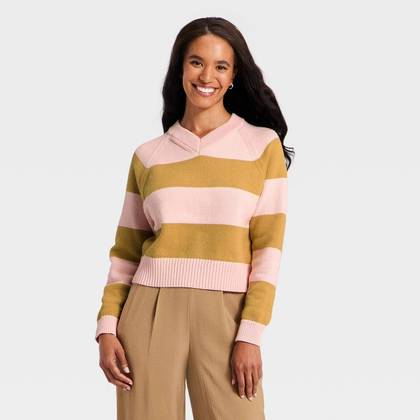 Women's Long Sleeve High V-Neck Pullover Sweater - A New Day™ Pink XS