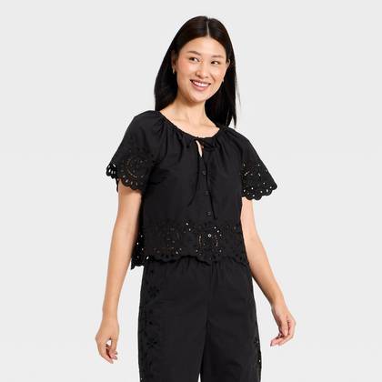 Women's Short Sleeve V-Neck Button-Front Eyelet Blouse - A New Day™ Black XS