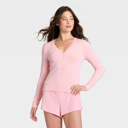 Women's Ribbed Long Sleeve Shirt and Shorts Pajama Set - Auden™ Pink XS
