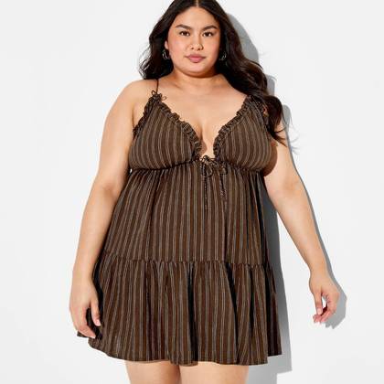Women's Ruffle Triangle Cup Mini Babydoll Dress - Wild Fable™ Brown Striped 1X