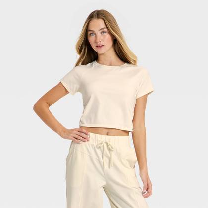 Women's Washed Jersey Cropped Short Sleeve Top - JoyLab™ Cream XS