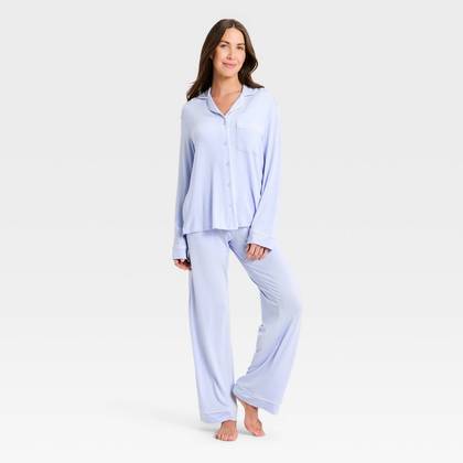 Women's Cloud Knit Long Sleeve Notch Collar Top and Pants Pajama Set - Auden™ Light Blue L