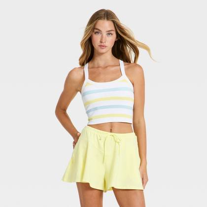 Women's Seamless Cropped Support Tank Top - JoyLab™ White/Yellow/Blue Stripe XXS