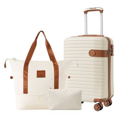 3 PCS ABS Lightweight Hard Shell Carry on Luggage(20") with Travel Bag, Spinner Wheels and TSA Lock, Cream - ModernLuxe