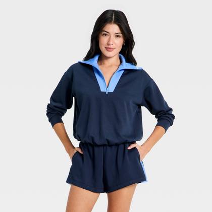 Women's Airy Sleek Pique 1/2 Zip Bubble Hem Collared Pullover Sweatshirt - All In Motion™ Navy Blue M
