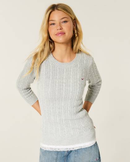 Three-Quarter Sleeve Cable-Knit Crew Sweater