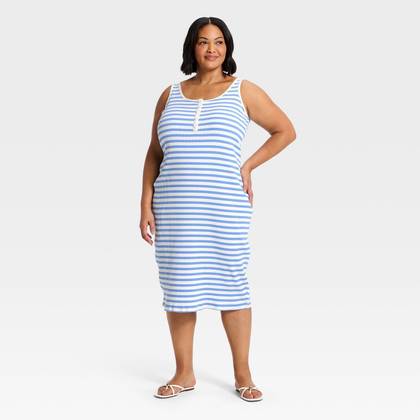 Women's Wide Strap Sleeveless Button-Front Midi A-Line Dress - A New Day™ Blue/Cream Striped 4X