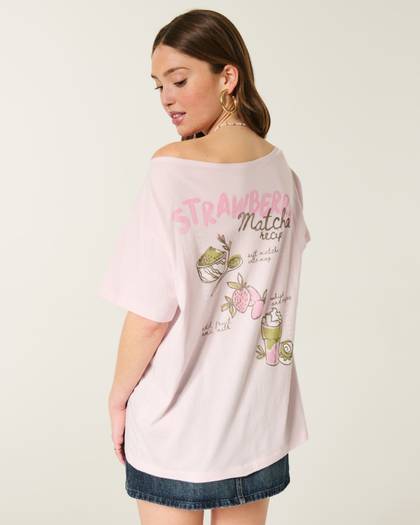 Oversized Off-the-Shoulder Strawberry Matcha Graphic Tee