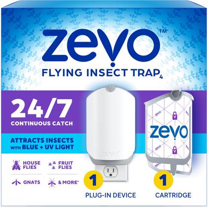 Zevo Indoor Flying Insect Trap for Fruit flies, Gnats, and House Flies - 1 Plug-In Base + 1 Cartridge: Indoor Use, 3.3" Depth, 7" Height