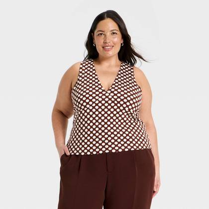 Women's V-Neck Tank Top - A New Day™ Brown/Cream Dot 1X