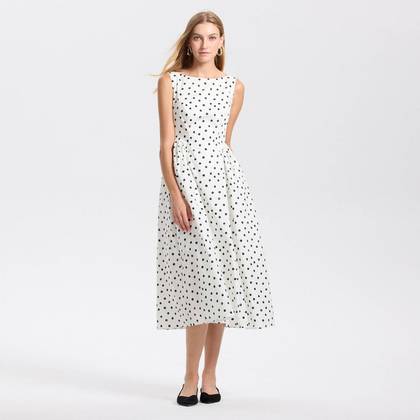 Women's Gathered Waist Midi A-Line Dress - A New Day™ Cream/Black Dots S