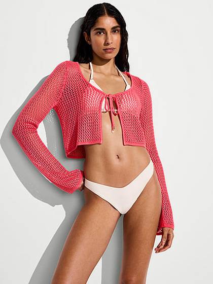 Beachwear Crochet Tie-Front Long-Sleeve Top