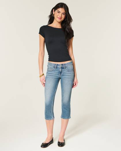 Low-Rise Medium Wash Capri Jeans