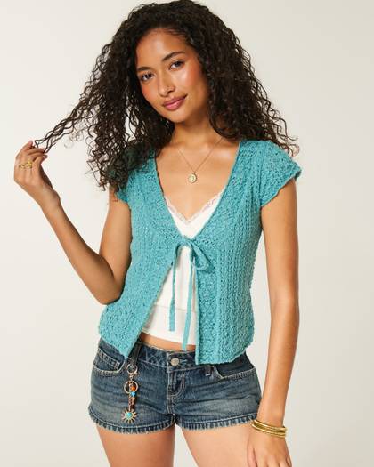 Short Sleeve Tie Front Open Stitch Cardigan