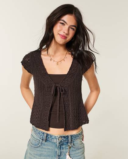 Short Sleeve Tie Front Open Stitch Cardigan