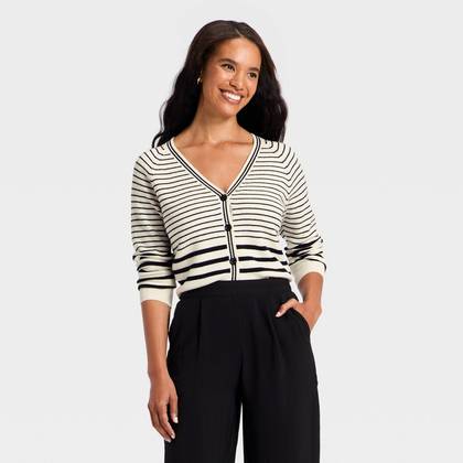 Women's Long Sleeve V-Neck Cardigan - A New Day™ Cream Striped XS